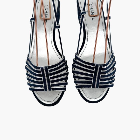 Chanel CC Strappy Slingback Sandals Block Heel Navy Blue Silver Size 37 US 6-6.5 - Picture 4 of 15